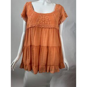 Entro Womens Orange Crochet Boho Tunic Top With Ruffle Hem Lightweight Cotton Si
